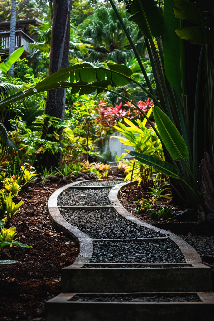 Manicured garden path with lush plants